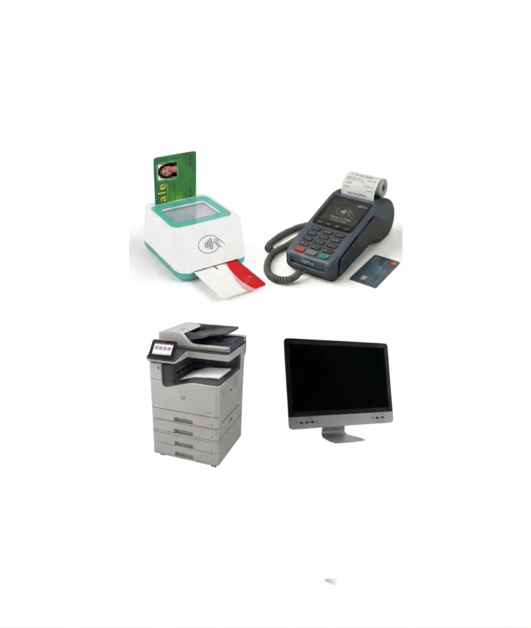 Bureau de cabinet médical équipé avec ordinateurs, tablette et imprimante - Matériel informatique professionnel pour médecins