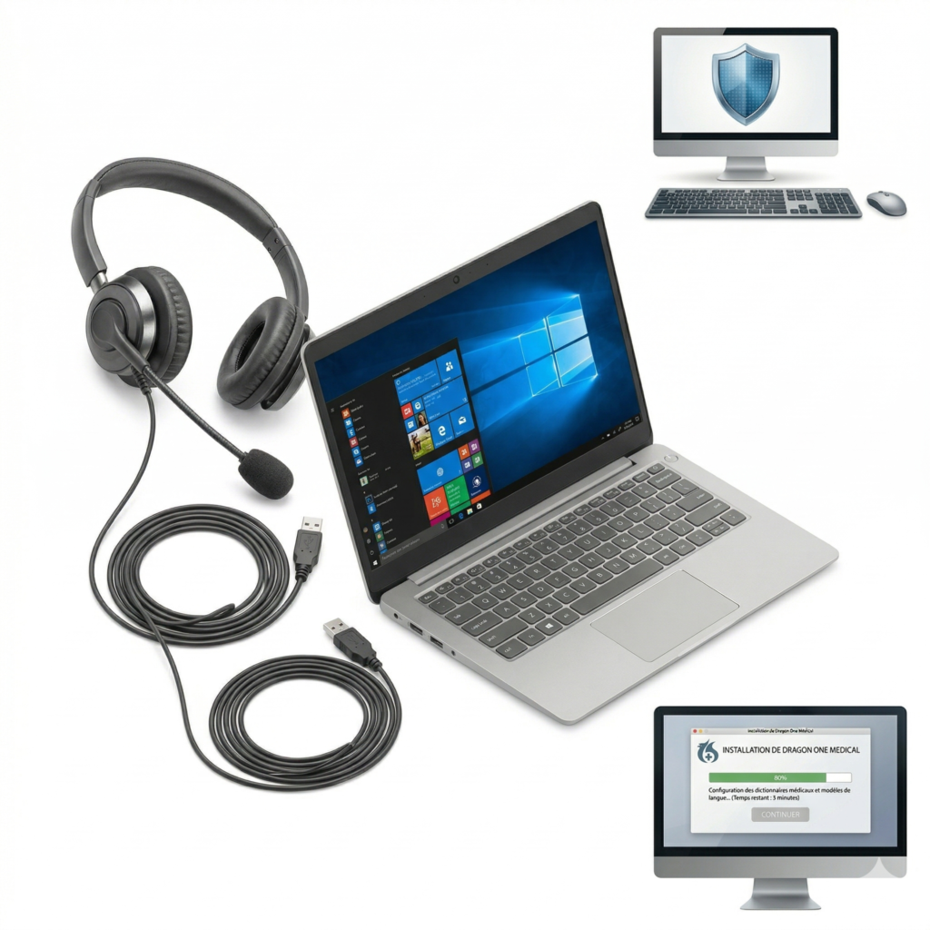 Laptop, casque USB et logiciel Dragon One Medical - Kit dictée numérique et installation logiciel médical pour cabinet médical