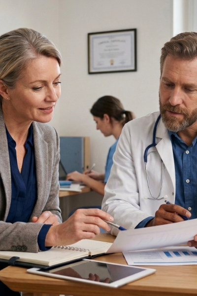 Médecin et secrétaire médicale consultant des documents ensemble dans un cabinet médical